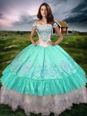 Free and Easy Ball Gowns Quinceanera Dress Aqua Blue Off The Shoulder Taffeta Sleeveless Floor Length Lace Up