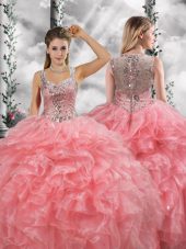 Watermelon Red Ball Gowns Straps Sleeveless Organza Floor Length Zipper Beading and Ruffles Quinceanera Dress