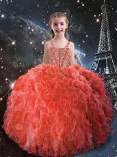 Floor Length Ball Gowns Sleeveless Coral Red Little Girl Pageant Gowns Lace Up