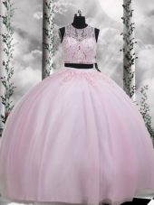 Excellent Baby Pink Sleeveless Floor Length Beading and Appliques Zipper Quinceanera Dress
