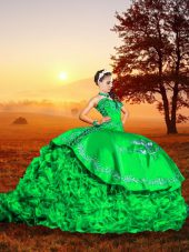 Sweetheart Sleeveless Organza Sweet 16 Dresses Embroidery and Ruffles Brush Train Lace Up