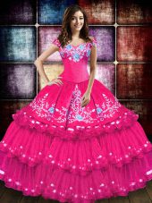 Charming Floor Length Hot Pink 15th Birthday Dress Taffeta Sleeveless Embroidery and Ruffled Layers
