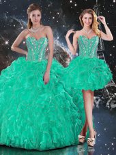 Turquoise Sleeveless Floor Length Beading and Ruffles Lace Up Vestidos de Quinceanera