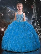 Floor Length Lace Up Little Girl Pageant Dress Baby Blue for Quinceanera and Wedding Party with Beading and Ruffles