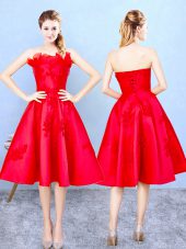 Free and Easy Red A-line Strapless Sleeveless Satin Knee Length Lace Up Appliques and Ruffles Quinceanera Court of Honor Dress