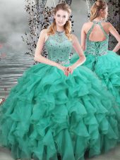 Sleeveless Brush Train Lace Up Beading and Ruffles Sweet 16 Dresses