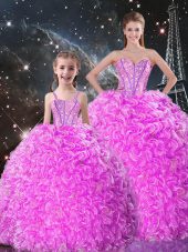 Free and Easy Sleeveless Organza Floor Length Lace Up 15th Birthday Dress in Lilac with Beading and Ruffles