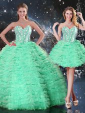 Apple Green Ball Gowns Organza Sweetheart Sleeveless Beading and Ruffled Layers Floor Length Lace Up Quince Ball Gowns