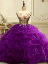 Edgy Organza Scoop Sleeveless Lace Up Appliques and Ruffles and Sequins 15th Birthday Dress in Purple