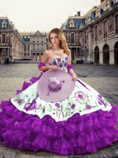 Trendy Eggplant Purple Lace Up Sweetheart Embroidery and Ruffled Layers Quinceanera Gown Organza Sleeveless
