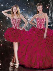 Burgundy Ball Gowns Organza Sweetheart Sleeveless Beading and Ruffles Floor Length Lace Up Quince Ball Gowns