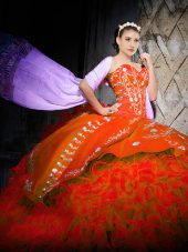 Pretty Orange Red Ball Gowns Embroidery and Ruffles 15 Quinceanera Dress Lace Up Organza Sleeveless