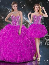 Sweet Floor Length Fuchsia 15 Quinceanera Dress Organza Sleeveless Beading and Ruffles