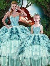 Dazzling Multi-color Organza Lace Up Sweetheart Sleeveless Floor Length Quince Ball Gowns Beading and Ruffles