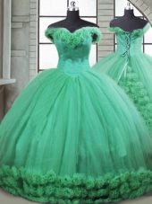 Fantastic Brush Train Ball Gowns Sweet 16 Quinceanera Dress Turquoise Off The Shoulder Fabric With Rolling Flowers Sleeveless Lace Up
