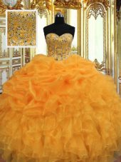 Beading and Ruffles 15 Quinceanera Dress Orange Lace Up Sleeveless Floor Length