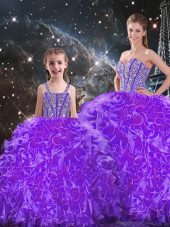 Eggplant Purple Ball Gowns Organza Sweetheart Sleeveless Beading and Ruffles Floor Length Lace Up Quinceanera Dresses