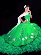 Unique Green Lace Up Ball Gown Prom Dress Embroidery and Ruffles Sleeveless Brush Train