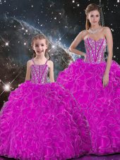 Admirable Fuchsia Ball Gowns Sweetheart Sleeveless Organza Floor Length Lace Up Beading and Ruffles Quinceanera Gown