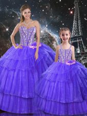 Purple Sweetheart Neckline Ruffled Layers and Sequins Quinceanera Dresses Sleeveless Lace Up