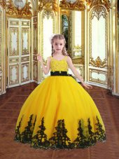 Fashionable Tulle Spaghetti Straps Sleeveless Zipper Lace and Appliques Party Dress for Toddlers in Gold