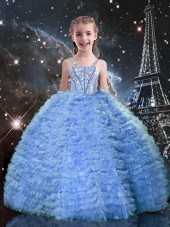 Latest Baby Blue Ball Gowns Beading and Ruffled Layers Little Girl Pageant Gowns Lace Up Tulle Sleeveless Floor Length