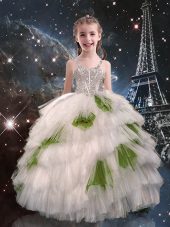 White Sleeveless Beading and Ruffled Layers Floor Length Little Girls Pageant Gowns