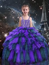 Ball Gowns Little Girls Pageant Gowns Eggplant Purple Straps Tulle Sleeveless Floor Length Lace Up