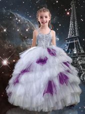 White Ball Gowns Straps Sleeveless Tulle Floor Length Lace Up Beading and Ruffled Layers Kids Pageant Dress