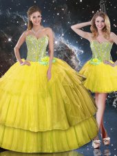 Stunning Sweetheart Sleeveless Quinceanera Dresses Floor Length Ruffled Layers and Sequins Gold Organza