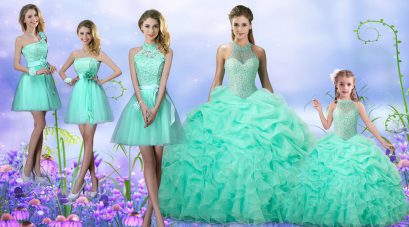 Floor Length Apple Green Quinceanera Gowns Organza Sleeveless Beading and Ruffles and Pick Ups