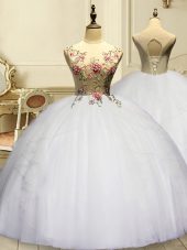 Fantastic White Ball Gowns Scoop Sleeveless Organza Floor Length Lace Up Appliques and Ruffles Quince Ball Gowns