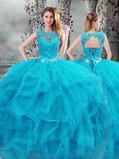 Baby Blue Sleeveless Beading and Ruffles Floor Length Sweet 16 Quinceanera Dress