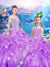 Sweet Lilac Ball Gowns Sweetheart Sleeveless Organza Floor Length Lace Up Beading and Ruffles Quince Ball Gowns