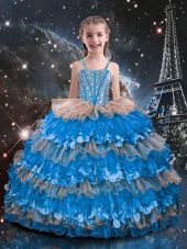 Sleeveless Lace Up Floor Length Beading and Ruffled Layers Party Dress for Toddlers