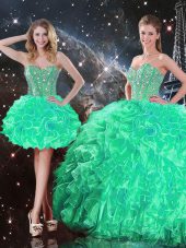 Turquoise Ball Gowns Beading and Ruffles Quinceanera Gowns Lace Up Organza Sleeveless Floor Length