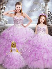 Dazzling Lilac Sweet 16 Quinceanera Dress Military Ball and Sweet 16 and Quinceanera with Beading and Ruffles Sweetheart Sleeveless Lace Up