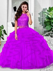Luxury Eggplant Purple Zipper Sweet 16 Quinceanera Dress Lace and Ruffles Sleeveless Floor Length