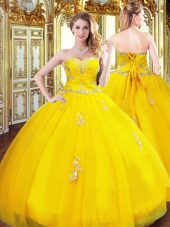 Gold Organza Lace Up 15th Birthday Dress Sleeveless Floor Length Beading and Appliques
