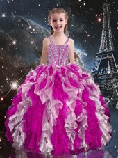 Fuchsia Sleeveless Organza Lace Up Little Girl Pageant Gowns for Quinceanera and Wedding Party