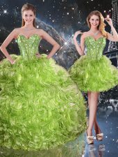 Glorious Floor Length Olive Green Quinceanera Gown Organza Sleeveless Beading