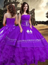 Purple Taffeta Zipper Strapless Sleeveless Floor Length Quinceanera Dresses Embroidery and Ruffled Layers