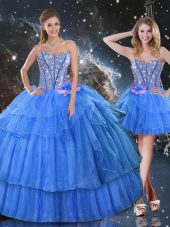 Sweetheart Sleeveless Sweet 16 Dresses Floor Length Ruffled Layers and Sequins Baby Blue Organza