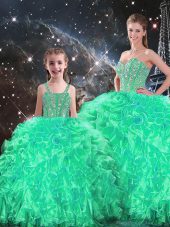 Fashionable Turquoise Ball Gowns Organza Sweetheart Sleeveless Beading and Ruffles Floor Length Lace Up Sweet 16 Dresses