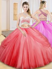 Customized Beading and Ruching and Pick Ups 15th Birthday Dress Coral Red Criss Cross Sleeveless Floor Length