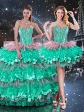 Great Organza Sweetheart Sleeveless Lace Up Beading and Ruffles and Ruffled Layers Sweet 16 Dress in Multi-color