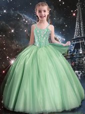 Sleeveless Tulle Floor Length Lace Up Kids Formal Wear in Apple Green with Beading