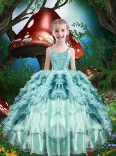 Floor Length Ball Gowns Sleeveless Aqua Blue Little Girl Pageant Dress Lace Up