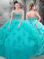 Custom Designed Aqua Blue Sleeveless Organza Lace Up Ball Gown Prom Dress for Military Ball and Sweet 16 and Quinceanera