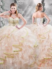 Peach Organza Lace Up Sweet 16 Dress Sleeveless Brush Train Beading and Ruffles